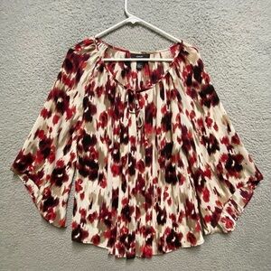 Alfani Blouse Womens 8 Red Black Sheer Floral 3/4 Sleeve Top Shirt